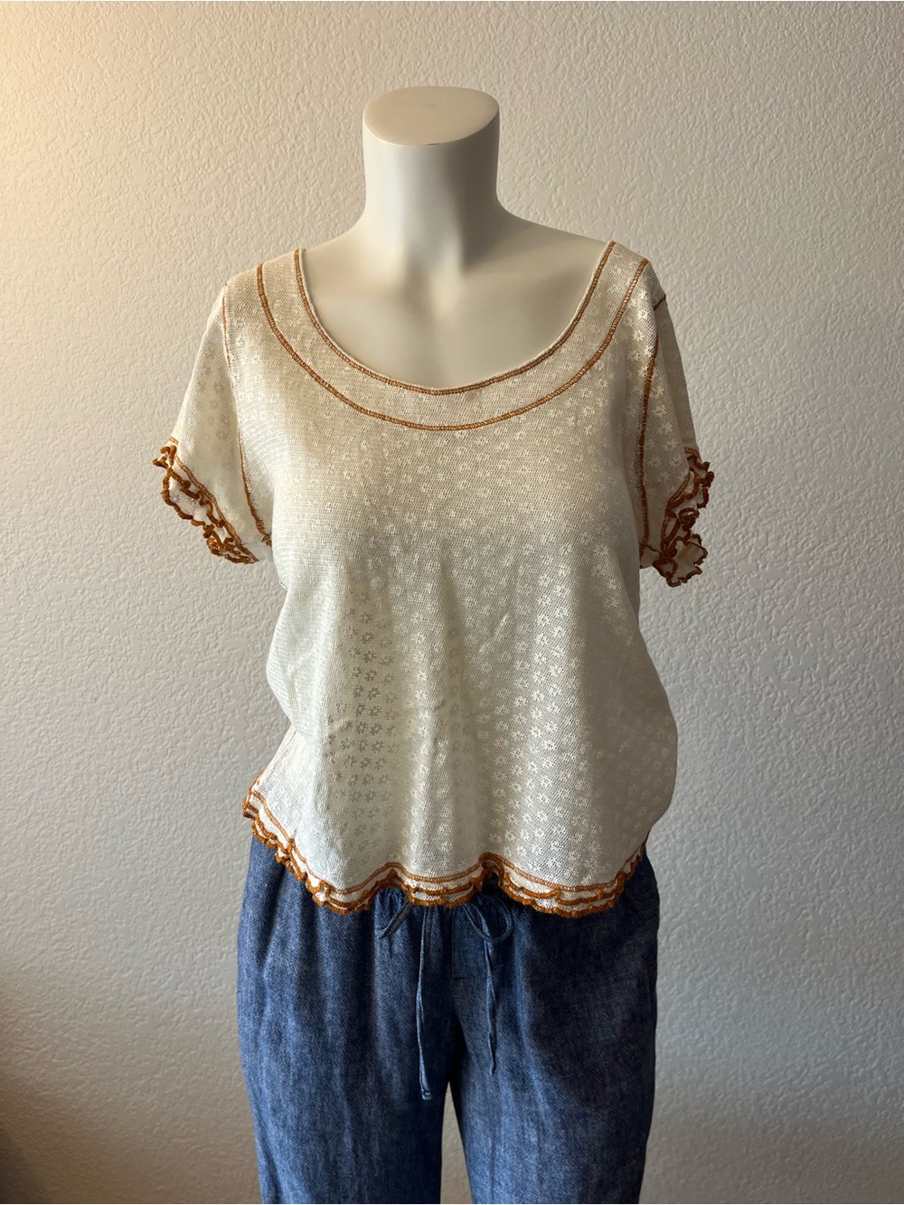 Free PropleCream Short Sleeve Embroidered Scoop Neck Top